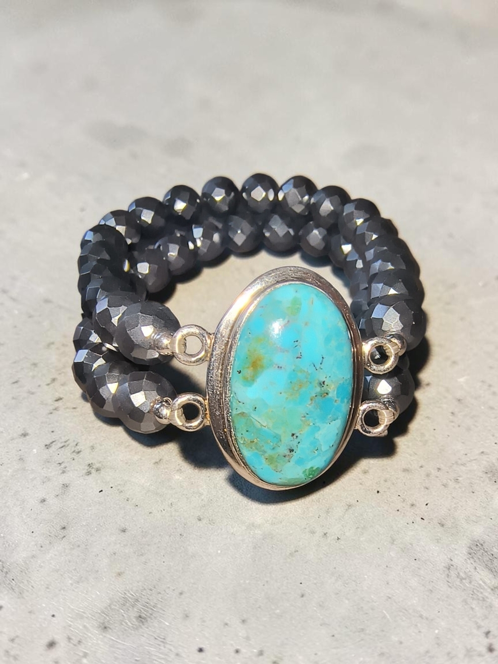 Turquoise And Sterling Silver Two-Row Hematite Beaded Stretch Bracelet Brand New